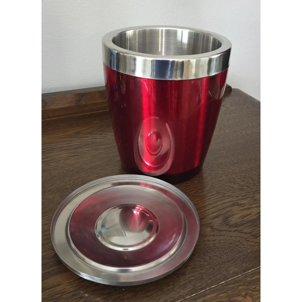 Retro Metallic Red Lidded Ice Bucket Chrome Double Walled Acrylic Lucite Vintage